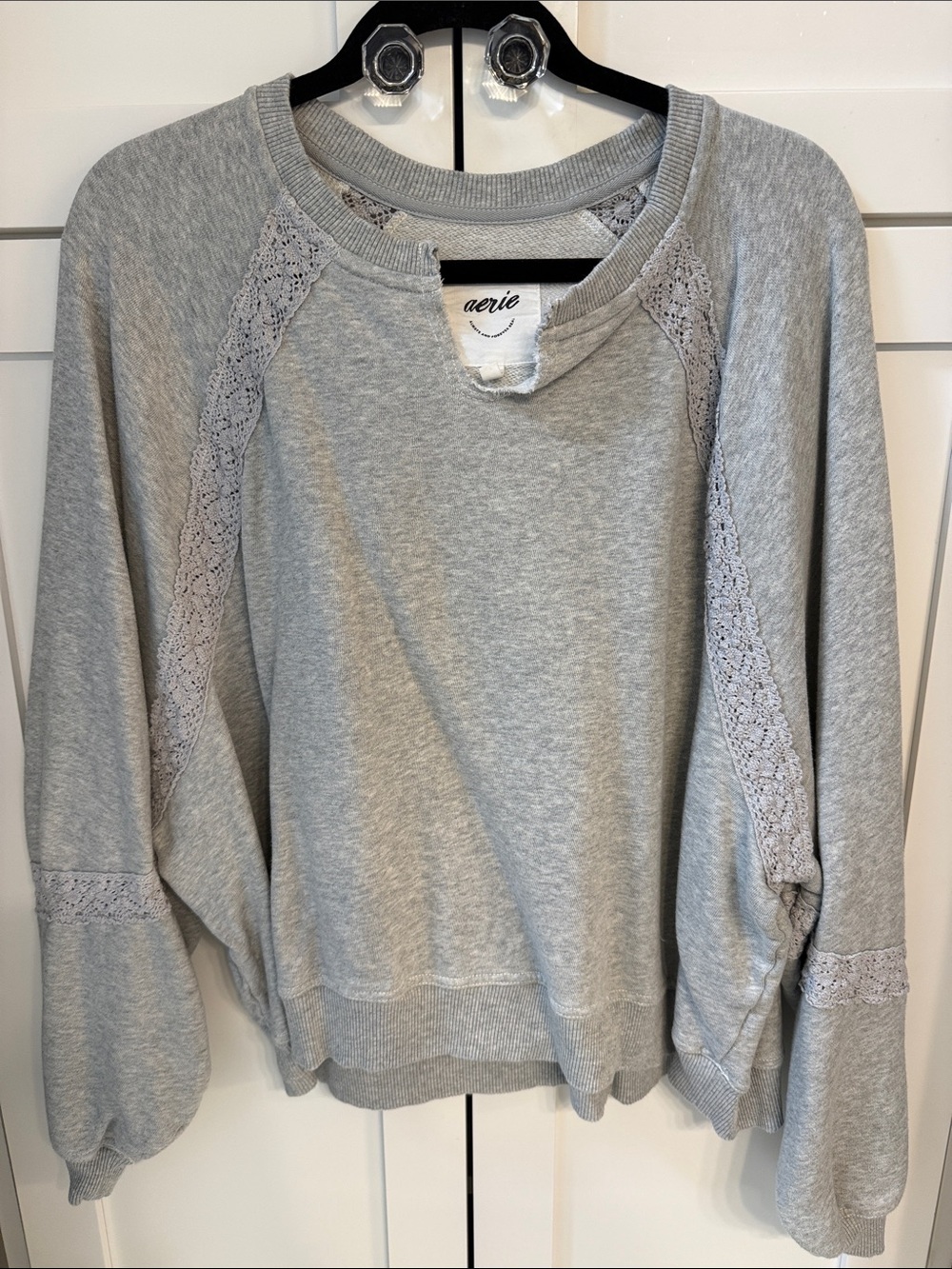 aerie Light Gray Lace-Trim Crewneck Sweater